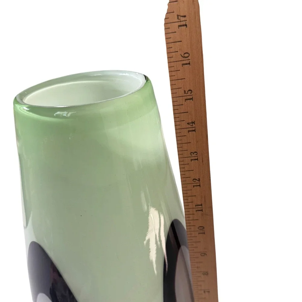 Large Artisan Murano Hand-Blown Glass Vase Mint Green Purple Abstract Eye 15.5in
